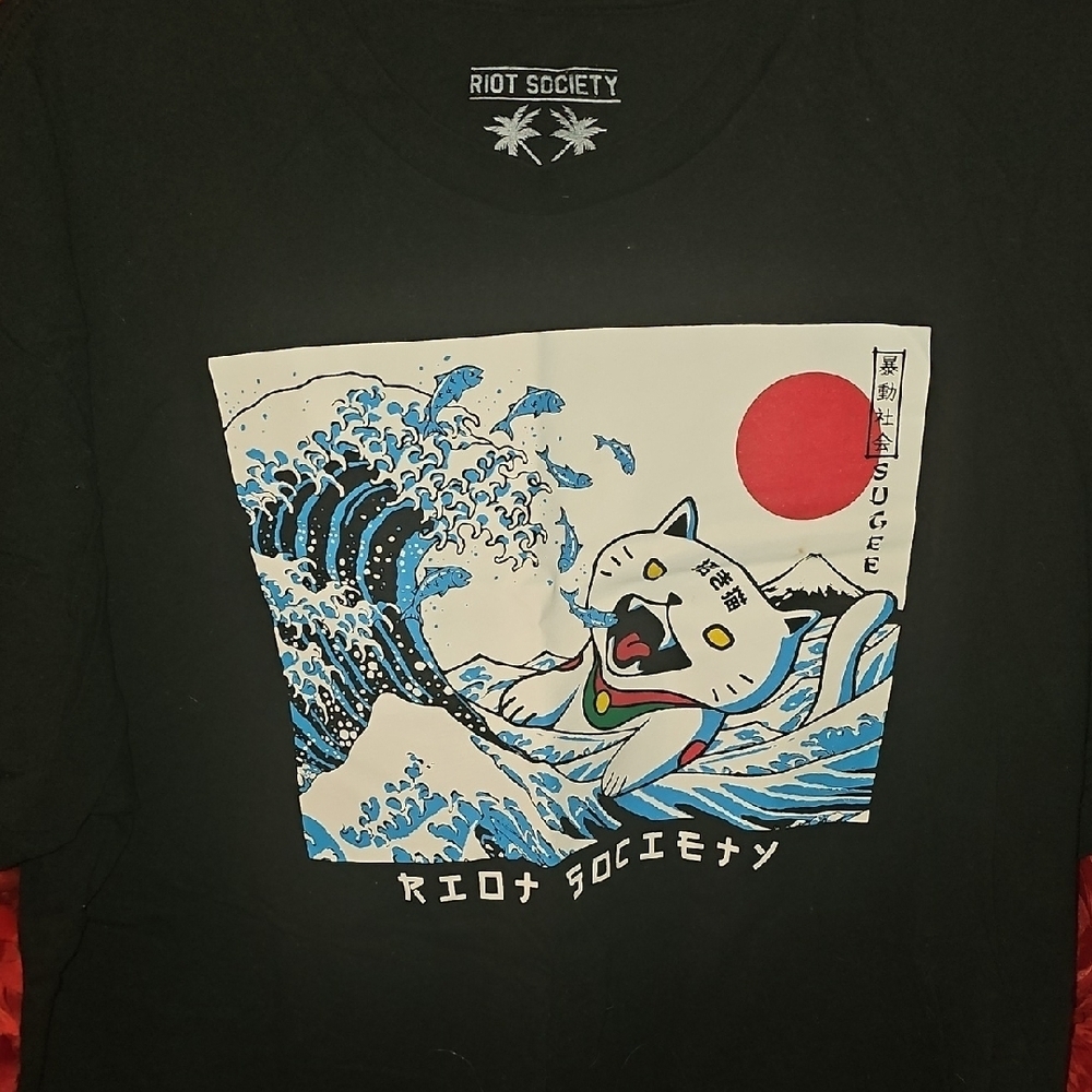 Riot Society Black Tee with Cat and Wave Design Tshirt Size XXL